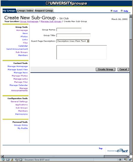 Managing sub-groups From the Configuration Tools menu, locate and click Sub-Groups. You see a Manage Sub-Groups screen similar to the following: Click the Create New Sub-Group link.