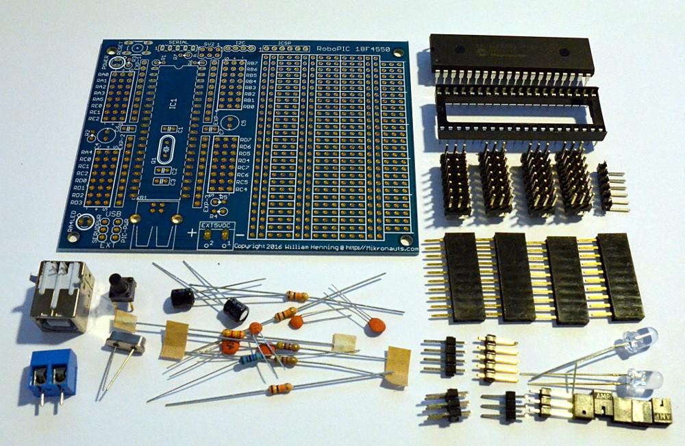 RoboPIC 8F4550 Copyright 206 William Henning Kit Contents Parts List Qty 4 4 2 4 2 2 2 2 3 PCB IC Q IC S, S2, S3, S4 EXP-/2/3/4 SERVOPWR, PIC-PWR ICSP SERIAL I2C SV2 EXT5VDC C, C2 C3 C6, C7 C4, C5