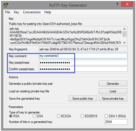 Figure 3 - Enter comment and passphrase Step 4: Click on the Save private key button to keep the private key securely in a local repository.
