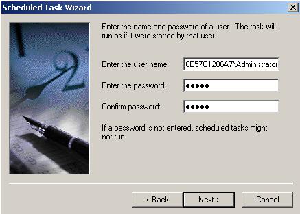 25. The last step is to provide Windows Scheduler the appropriate credentials to run this task. You will get a screen like the one below.