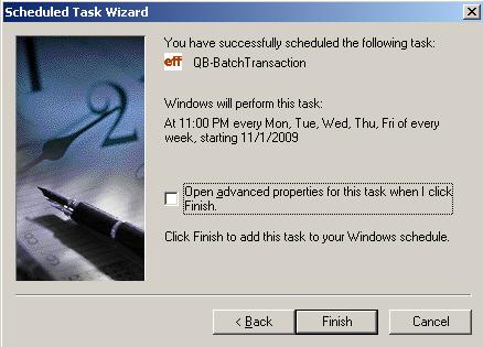 You will get a final screen summarizing the scheduled task you just setup. 27. Click on the FINISH button.
