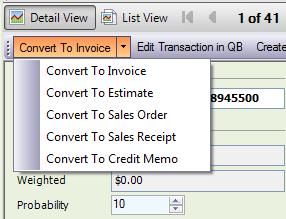 Converting an ACT Opportunity to a QB Transaction When the time is right (deal is sold, time to create estimate, etc.) you can quickly convert an Opportunity to a QuickBooks transaction.