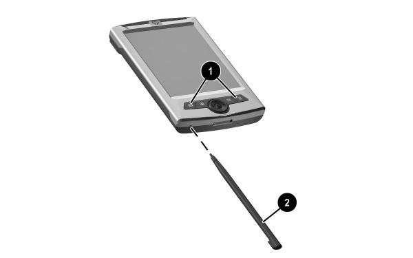 To perform a hard reset: 1. Press and hold buttons 1 and 4 on the front of the device 1 and, at the same time, with the stylus, briefly press the Reset button 2 on the bottom of your HP ipaq.