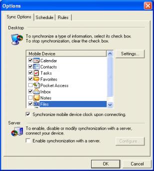 3. In ActiveSync, click Tools > Options > Sync Options tab.