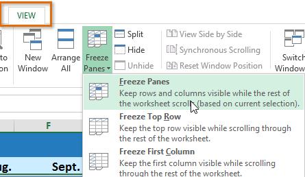 4. Select the Freeze Panes command, then choose Freeze Panes from the drop-down menu. The rows will be frozen in place, as indicated by the heavy black line.