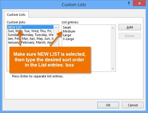 4 The Custom Lists dialog box will appear. Select NEW LIST from the Custom Lists: box.