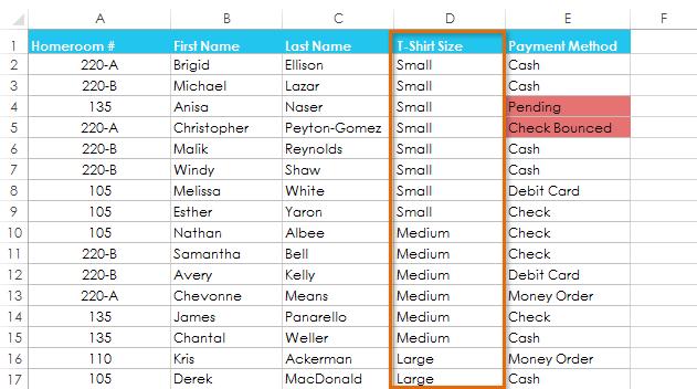 8 The worksheet will be sorted by the custom order. The worksheet is now organized by T-shirt size from smallest to largest.