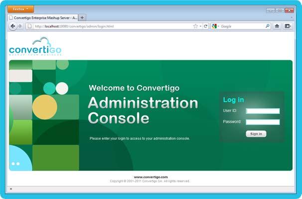 Use the application from your own mobile device Figure 2-110: Convertigo Server administration authentication page 3 Enter the Convertigo Server login credentials in the User ID and Password fields.