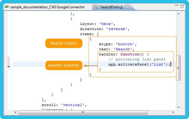 4 Modify the handler function code up to get the following source code: Figure 2-47: Updating search button handler function You can find the complete edited searchform.