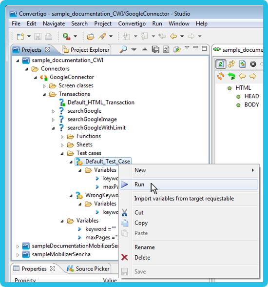 Figure 2-65: Running test case in Convertigo Studio The transaction is executed in the connector opened in its editor. The transaction stop button is active in the Connector editor ( ).