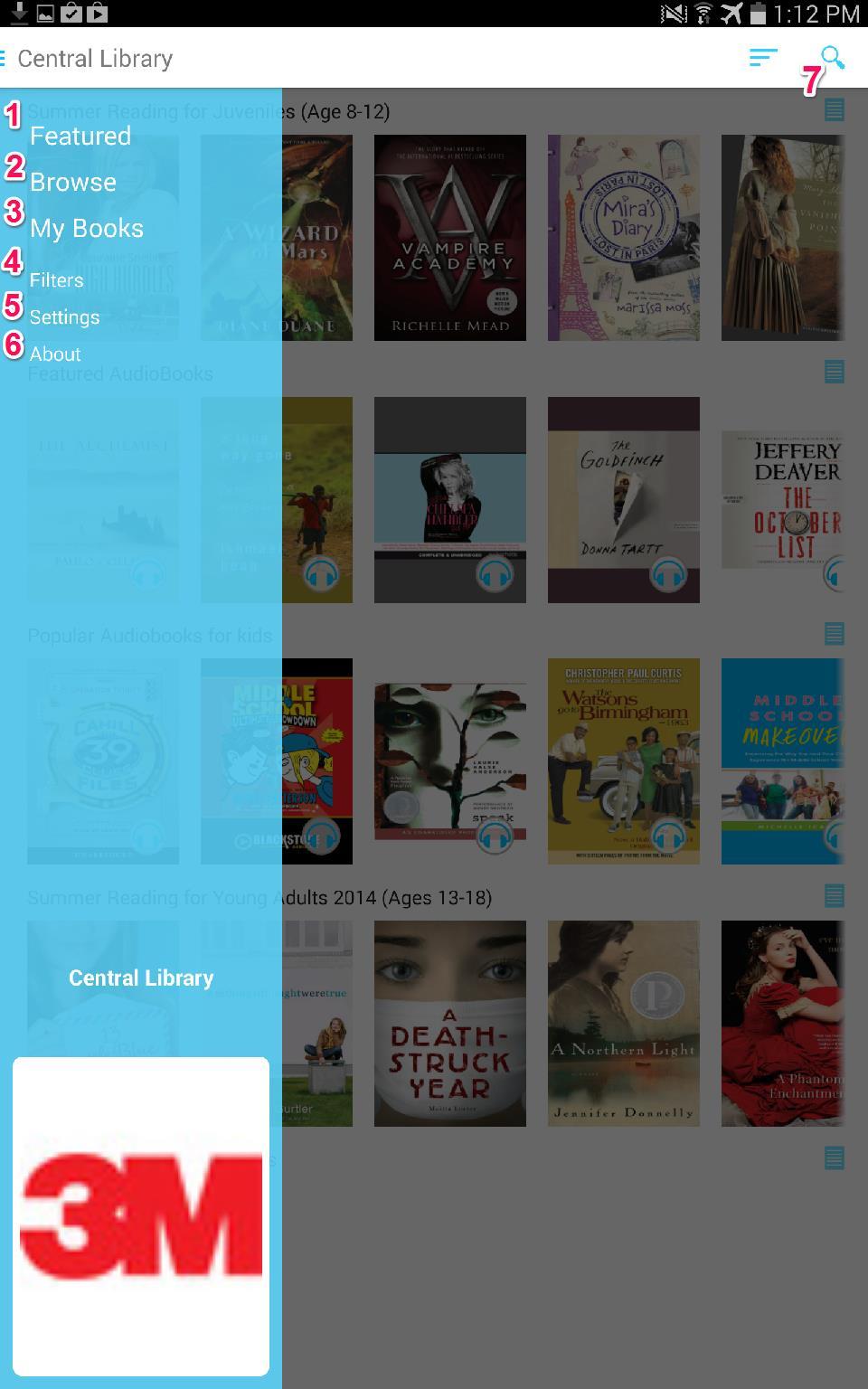 Main Menu 1. Featured area showcases titles highlighted by your library. Patrons can browse and borrow titles from these featured shelves. 2.