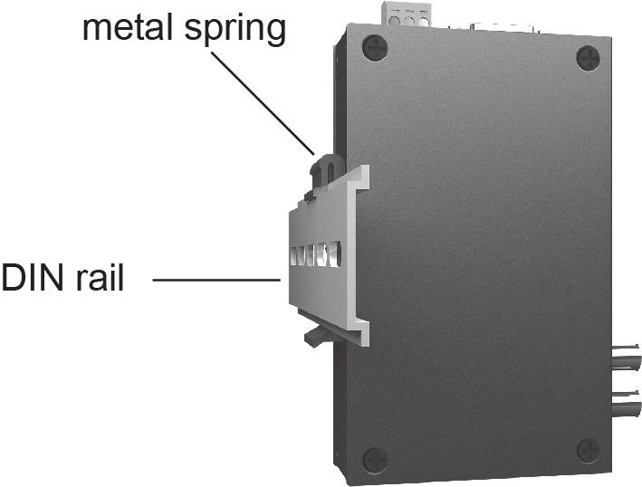If you need to reattach the DIN rail attachment plate to the ICF-1150, make sure the stiff metal spring is situated