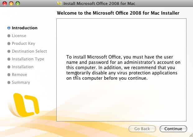 The instructions below show installation screen capture from the Office Installer but the instructions for installing just Entourage are very similar.