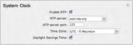 8.1.2 System Clock Enabling NTP will tell the router to get its system time from a remote server on the Internet.