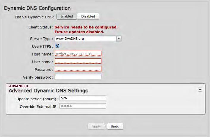 6.3.2 Dynamic DNS Configuration The Dynamic DNS feature allows you to host a server (Web, FTP, etc.) using a domain name that you have purchased (www.yourname.