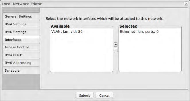 Interfaces: Select network interfaces to attach to this network. Choose from the Ethernet port and VLAN interfaces.