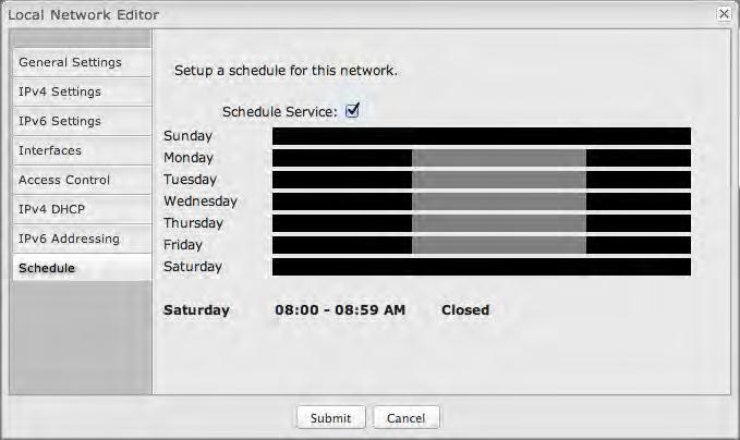 Schedule: Set up a schedule for this network interface. This allows an interface to be enabled or disabled during specific hours of a day. For example, use this to limit the network to business hours.
