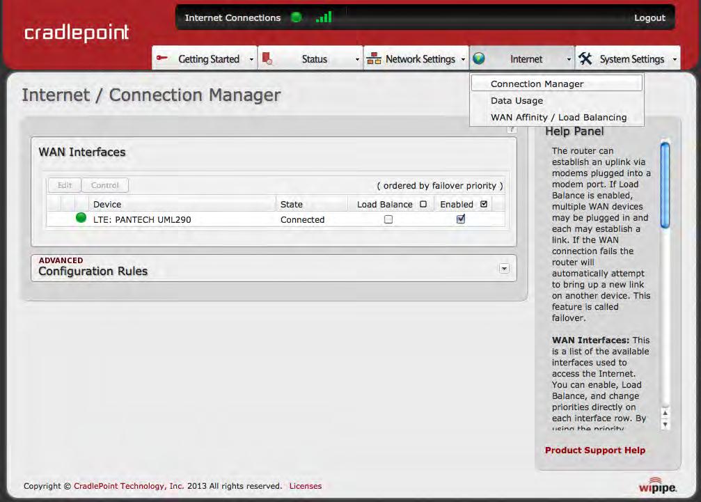 7 INTERNET The Internet tab provides access to 3 submenu items for managing a variety of Internet connection options.