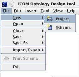 Figure 2: ICOM File menu. can be saved and read as text files using an internal XML format, or using the DIG protocol syntax. It is also possible to import class diagrams in the UML XMI format.