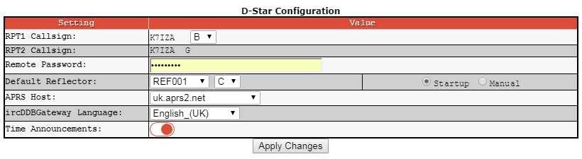 Select repeater 1 call sign type A,B,C or D from the drop down box, Enter the remote password, Select the default DStar reflector, Select the APRS Host, Select the ircddbgateway language and whether