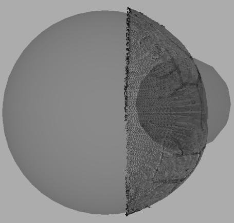 The smaller sphere represents a sampling region with radius of 50 mm, centered about the centroid of the localized fiducials. The volume of overlap demonstrates the deep tissue sampling region.