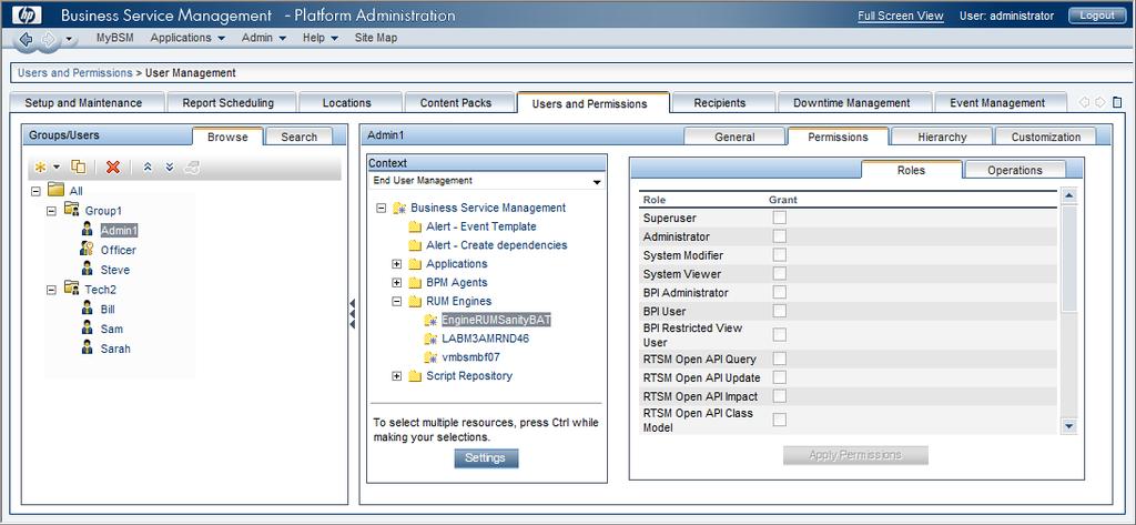 Chapter 25: User Management Permissions Tab The Permissions tab includes the following areas: The resource tree area in the center of the page, containing the contexts, resources, and resource