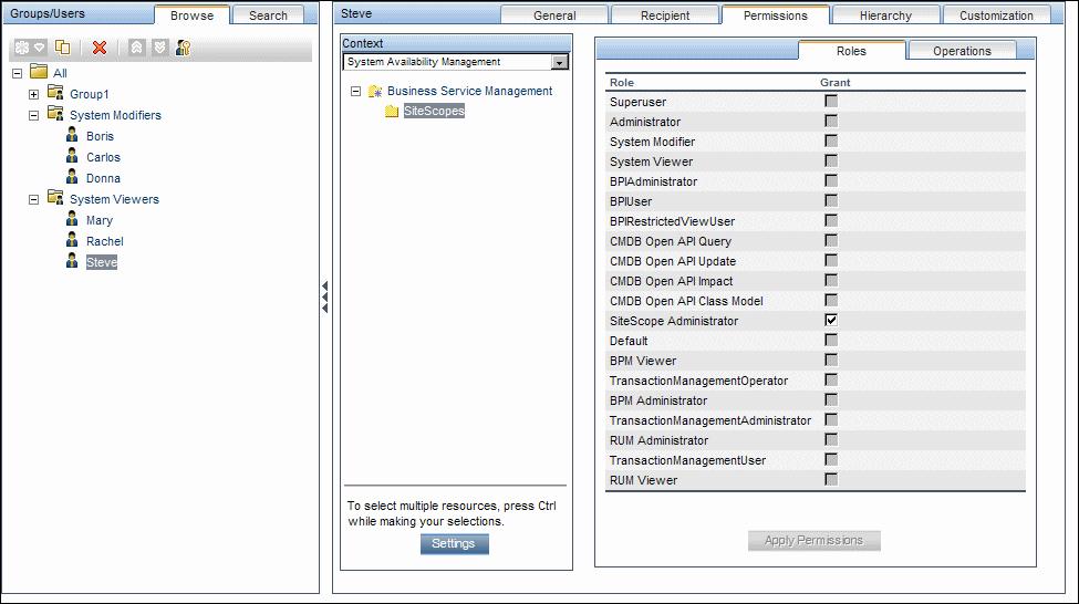 Chapter 25: User Management Administrator, and in the Permissions tab, selects the System Availability Management context.