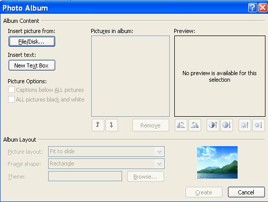 (Note: When you use the Photo Album feature, PowerPoint will create a new document, rather than add it to the exisitng document.