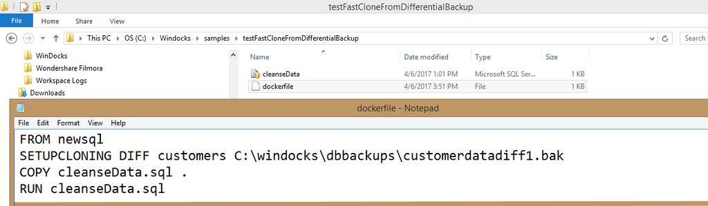 The Dockerfile used is located at \windocks\samples\testfastclonefromdifferentialbackup.