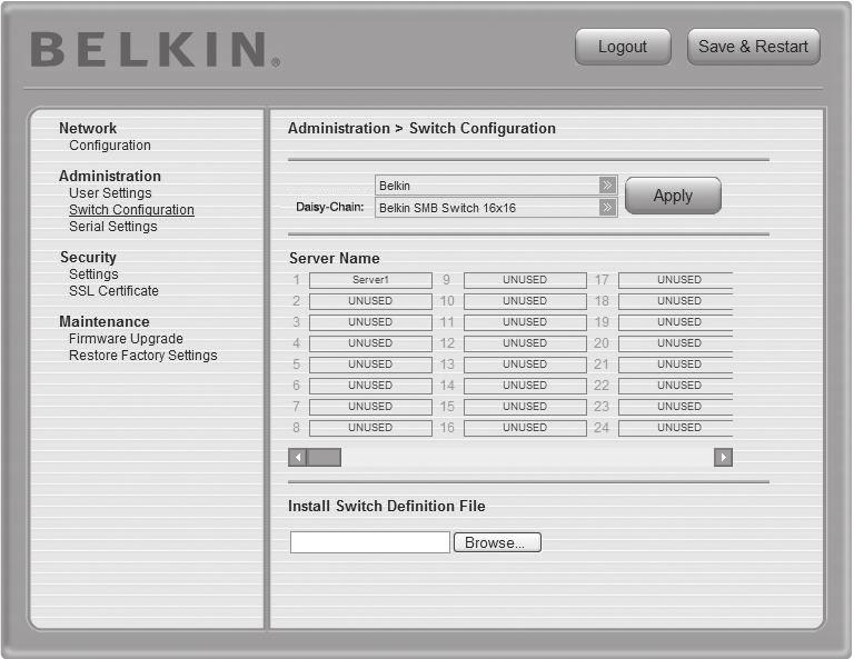 Remote Installation Step 5 Switch Configuration The Switch-Configuration page allows you to specify the KVM Switches daisy-chained to the SMB KVM-over-IP Switch, and to name all connected servers.