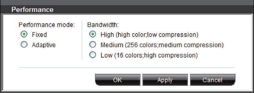Using the Switch from a Remote Console Performance Settings (Bandwidth) You can adjust the bandwidth settings on the Switch to give you the desired compression and color-support levels for your