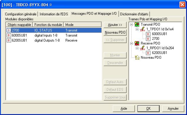 At the power up, the module is configured with default PDO mapping. One TPDO is configured with the Input and status and one RPDO is configured to receive the output value.
