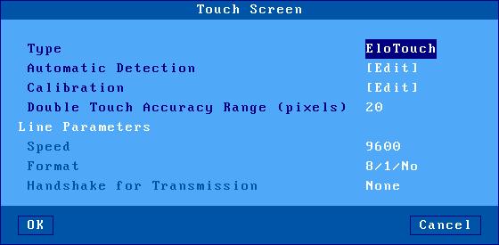 Interactive Set-Up Serial Touch Screen: the following dialog box is displayed: Available options are: - Type: select the touch screen manufacturer: ELOTouch, MicroTouch or Liyitec.