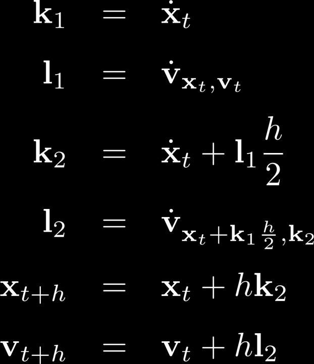 Second-Order Runge-Kutta Midpoint Method compute x (t) compute v (t) compute x (t+h/2) compute v (t+h/2) with x(t+h/2) and v(t+h/2)