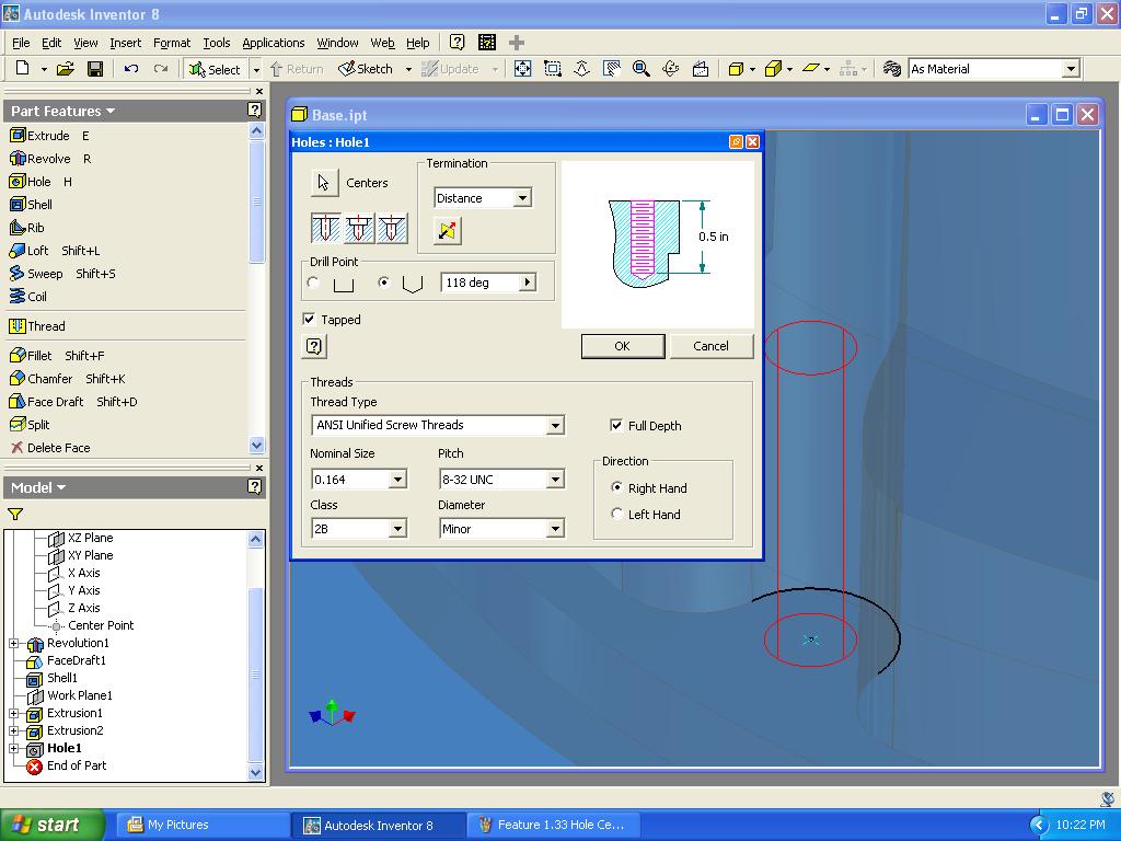 24. Exit the sketch and select the Hole feature tool.