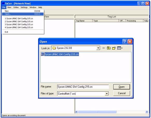 Figure 22 Opening the ControlNet File from SyCon 3.