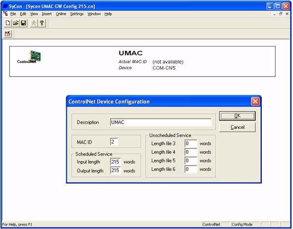 Figure 23 ControlNet Device Configuration Window 4. Make sure all the settings match the settings shown in Figure 23. The MAC ID is the node of the card on the ControlNet.