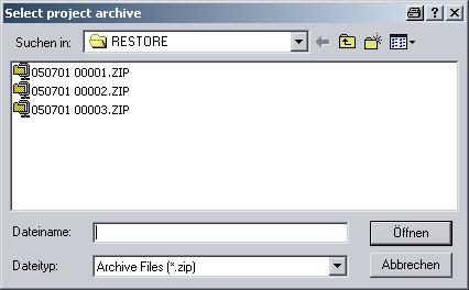 FUNCTIONALITY WITH TEST.CON Load a project from restore directory (zipped file): Selection of the file to be opened. Figure 6.