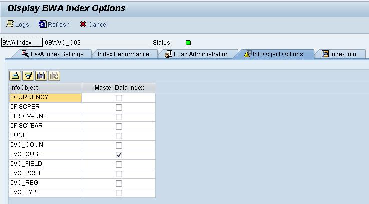 In the InfoObjects Options Tab, you specify whether F4 value help BWA indexes should be