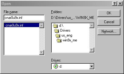 For example, if your CD-ROM drive is "D:", the path name of the folder would be "D:\Drivers\us_eng\win9x_me".