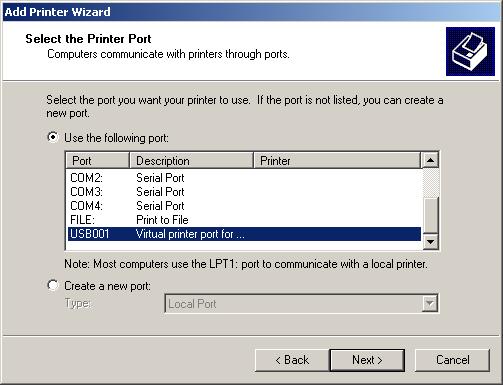 5 Select the printer port you want to use click [Next].