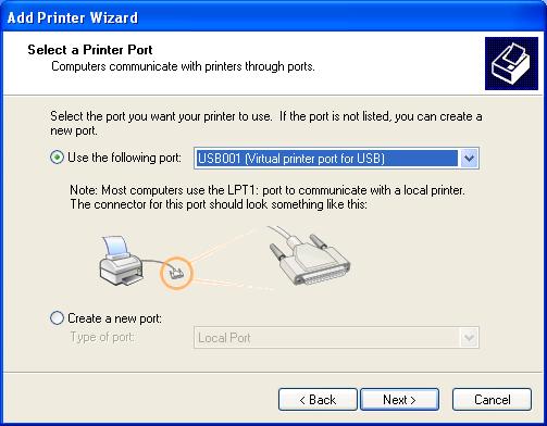 5 Select the printer port you want to use click [Next]. 2 6 Click [Have Disk].
