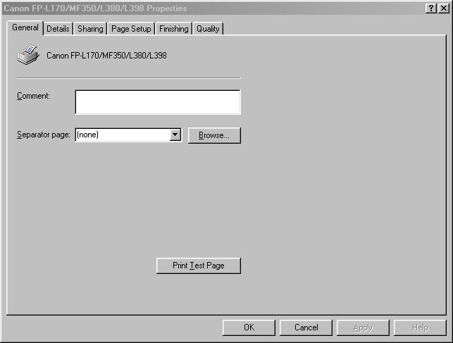 The [Canon FP-L170/MF350/L380/L398 Properties] dialog box contains several tab sheets that enable you to set up the printer configuration and
