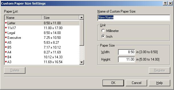 Custom Paper Size Settings Clicking [Custom Paper Size] in the [Page Setup] tab sheet opens the [Custom Paper Size Settings] dialog box.