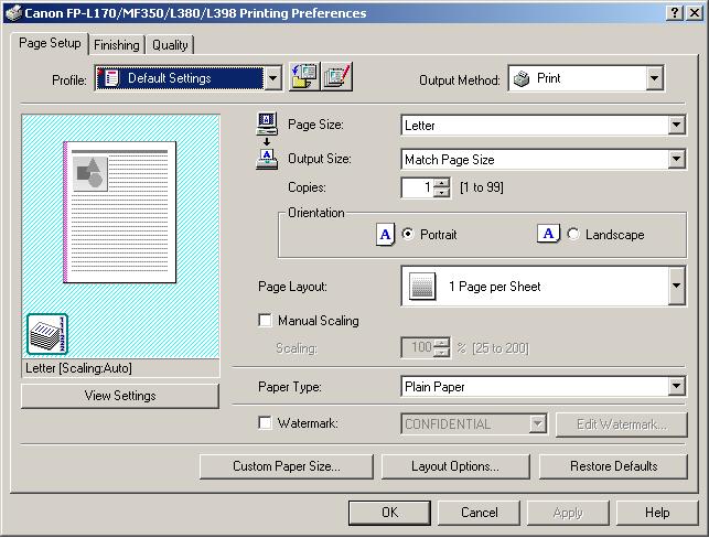 Default Document Properties The [Canon FP-L170/MF350/L380/L398 Printing Preferences] dialog box contains three tab sheets that enable you to specify the default print settings for every print job.