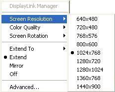 Configuration Option Options available Remarks Screen Resolution Extend mode only Color Quality Extend mode only Screen Rotation Mirror and Extend modes Extend To Extend mode only Extend Mirror Sets