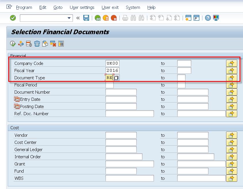 On the Selection Screen, the Company Code, Fiscal Year, and Document Type fields are mandatory. The Company Code is always UK00 and the Document Type is always RE for a PO invoice.