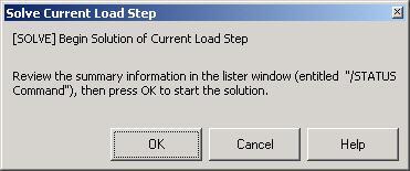 Now we're finally ready to kick back and let ANSYS do some of the work. Main Menu > Solution > Solve > Current LS Click OK in Solve Current Load Step menu. Again ignore any warnings that may pop up.