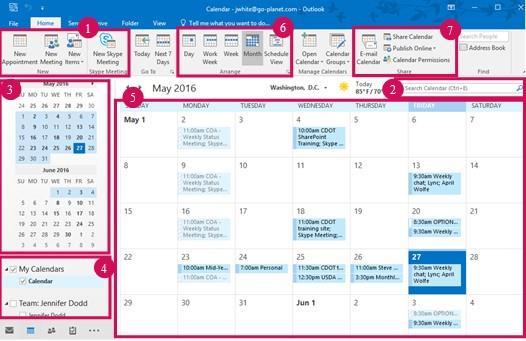 Outlook 2016 Calendar (Cont d) 1. New event 2. Search 3. Month preview 4. Calendar list 5.