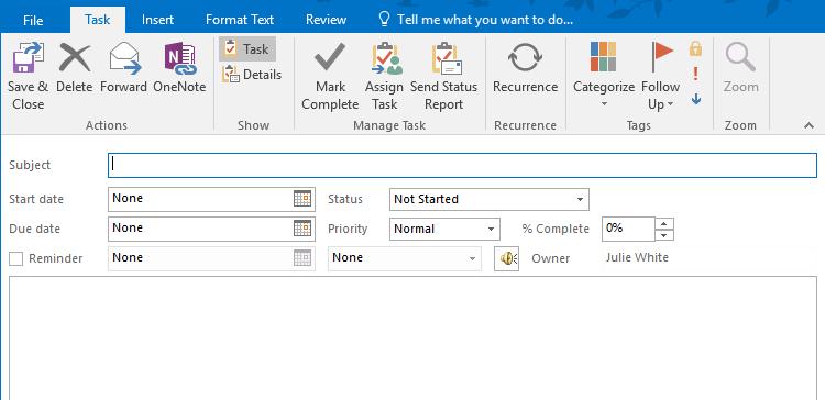 Outlook 2016 Tasks (Cont d) Create a new task Select New task Fill in the subject Add the timing details Fill